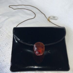 MISS LEWIS PATENT LEATHER CLUTCH PURSE w SHOULDER STRAP CHAIN & TORTOISE CLASP